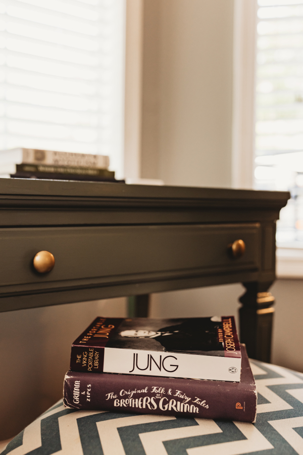 A worn copy of The Portable Jung stacked on The Original Folk and Fairy Tales of the Brothers Grimm